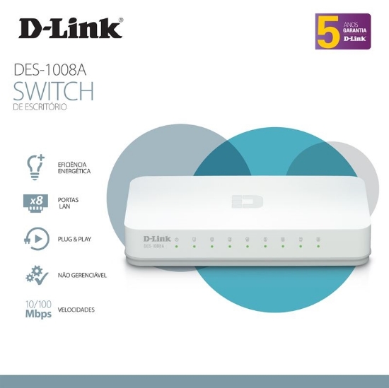 Imagem de SWITCH D-LINK 8 PORTAS, 10/100/1000MBPS GIGABIT, P/ DESKTOP NÃO GERENCIÁVEL - DGS-1008A